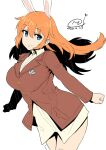  1girl animal_ears bangs breasts brown_jacket charlotte_e._yeager commentary_request dated eyebrows_visible_through_hair hair_between_eyes happa_(cloverppd) jacket large_breasts long_hair looking_at_viewer orange_hair rabbit_ears shirt signature simple_background smile solo strike_witches white_background world_witches_series 