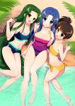  3girls absurdres asakura_ryouko bandeau bangs barefoot bikini blue_bikini blue_eyes blue_hair blush breasts brown_eyes cleavage collarbone commentary_request fang feet forehead green_hair highres hotaru_iori ichimi_renge kyon_no_imouto large_breasts long_hair looking_at_viewer multiple_girls navel parted_bangs side_ponytail small_breasts soaking_feet strapless suzumiya_haruhi_no_yuuutsu swimsuit tsuruya tube_top very_long_hair water yellow_bikini 