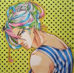  1boy aoi_saturday blue_eyes blue_hair blue_shirt eyelashes from_side green_hair hair_bun highres knife long_hair looking_at_viewer male_focus marker_(medium) multicolored_hair muscular muscular_male open_mouth outline pink_hair shirt simple_background single_hair_bun solo starry_background striped striped_shirt sunny_(toriko) toriko_(series) traditional_media upper_body white_hair yellow_outline 