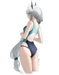  1girl absurdres back bangs blue_eyes braid breasts competition_swimsuit grey_hair highres long_hair looking_away mark_jin one-piece_swimsuit original simple_background solo standing swimsuit white_background 