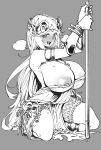  1girl bare_shoulders blush breasts cum cum_pool dress greyscale highres jewelry kid_icarus large_breasts long_hair looking_at_viewer monochrome necklace open_mouth palutena smile solo staff sweat thighhighs tiara tibonobannsann very_long_hair 