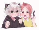  1boy 1girl animal_ears black_hoodie blush cat_boy cat_ears cat_tail drawstring green_eyes hand_up hands_up hood hoodie looking_at_viewer luoxiaobai luoxiaohei mochi_no pink_eyes shirt short_hair simple_background tail the_legend_of_luo_xiaohei upper_body white_background white_hair yellow_shirt 