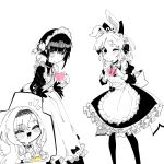  3girls ;o ^_^ ^o^ abe_nana anderson_m0311 animal_ears blush chibi chibi_inset closed_eyes dress embarrassed food greyscale heart heart_hands highres idolmaster idolmaster_cinderella_girls kurosaki_chitose looking_at_viewer maid maid_headdress moe_moe_kyun! monochrome multiple_girls omurice one_eye_closed pinafore_dress rabbit_ears shirayuki_chiyo simple_background 