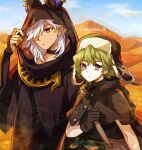  1boy 1girl adjusting_hood androgynous animal_ears animal_hood arabian_clothes bishounen black_choker black_gloves choker collei_(genshin_impact) cyno_(genshin_impact) dark-skinned_male dark_skin fur_hat genshin_impact gloves green_hair hair_over_one_eye hat hood hutaba_29 jackal_ears long_hair looking_to_the_side orange_eyes purple_eyes short_hair ushanka white_hair 