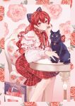  1girl animal bangs braid cat closed_mouth commission floral_background floral_print hair_between_eyes highres long_hair long_sleeves looking_at_viewer megechan on_chair original red_eyes red_hair red_nails sitting skeb_commission smile solo watermark 