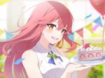  1girl :d bare_shoulders blurry breasts brooch cake cake_slice collared_shirt depth_of_field food highres holding jewelry large_breasts liliya_(kaetzchen) long_hair looking_at_viewer masabodo neck_ribbon open_mouth original plate red_hair ribbed_shirt ribbon shirt sleeveless sleeveless_shirt smile solo upper_body white_shirt yellow_eyes 