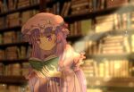  1girl blue_bow blue_ribbon blurry blurry_background blurry_foreground book bookshelf bow crescent depth_of_field dress hair_ribbon hat holding holding_book library light_rays long_hair long_sleeves mob_cap nayozane_(worker7) patchouli_knowledge purple_eyes purple_hair reading ribbon smile solo striped touhou very_long_hair voile wide_sleeves 