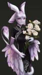  4_ears anthro avali black_clothing black_dress bouquet breasts clothing diondeath dragon dress feathered_dragon feathered_tail feathers female flower flower_bouquet hi_res looking_at_viewer multi_ear naaka non-mammal_breasts orange_eyes plant smile solo standing white_rose wings 