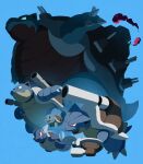  blastoise blue_background blue_skin cannon claws colored_skin evolutionary_line gigantamax gigantamax_blastoise highres kasai_(pixiv24704749) mega_blastoise mega_pokemon pokemon pokemon_(creature) red_eyes shell shoulder_cannon simple_background squirtle tail wartortle 