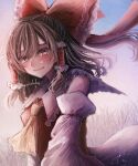  1girl absurdres annin_cha ascot bare_shoulders blush bow brown_hair collar detached_sleeves floating_hair hair_bow hair_tubes hakurei_reimu happy_tears highres long_hair looking_at_viewer purple_eyes simple_background solo tears touhou upper_body 