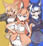  3girls animal_costume animal_ear_fluff animal_ears bow bowtie caracal_(kemono_friends) caracal_ears coyote_(kemono_friends) coyote_ears coyote_girl coyote_tail dire_wolf_(kemono_friends) elbow_gloves gloves highres kemono_friends kemono_friends_v_project kinako_mochic long_hair looking_at_viewer microphone multiple_girls open_mouth shirt short_hair skirt sleeveless sleeveless_shirt smile tail virtual_youtuber wolf_ears wolf_girl wolf_tail 