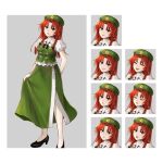  1girl :d angry bangs beret black_footwear blue_eyes braid character_name chinese_clothes closed_eyes closed_mouth commentary_request copyright_name embodiment_of_scarlet_devil expression_chart eyelashes full_body green_headwear green_skirt green_vest hat hat_ornament high_heels highres hong_meiling hoshiringo0902 lipstick long_hair makeup open_mouth parted_bangs red_hair sad side_braid skirt skirt_hold smile solo star_(symbol) star_hat_ornament surprised touhou twin_braids v-shaped_eyebrows vest 