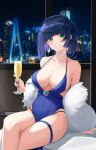  1girl absurdres alternate_costume bangs bare_shoulders black_hair blue_dress blue_hair bob_cut breasts cleavage collarbone cup dress drinking_glass duplicate feather_boa genshin_impact green_eyes grin highres holding holding_cup jewelry jiang_ye_kiri large_breasts looking_at_viewer mole mole_on_breast multicolored_hair one-piece_swimsuit pixel-perfect_duplicate short_hair sitting smile solo swimsuit thigh_strap wine_glass yelan_(genshin_impact) 