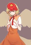  1girl animal_on_head bangs bird bird_on_head bird_wings blonde_hair chick closed_mouth dress eyebrows_visible_through_hair grey_background highres kakone looking_at_viewer multicolored_hair neckerchief niwatari_kutaka on_head one-hour_drawing_challenge orange_dress red_eyes red_hair red_neckerchief shirt short_hair short_sleeves simple_background solo tail_feathers touhou two-tone_hair white_shirt wings yellow_wings 