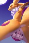 ancesra anthro anus armwear bandai_namco blush bodily_fluids chest_tuft claws clothing digimon digimon_(species) eyes_closed female fingering genital_fluids genitals hi_res looking_at_viewer looking_down masturbation moon night open_mouth pussy pussy_juice raised_tail renamon sky solo spread_legs spreading standing tuft vaginal vaginal_fingering watermark 