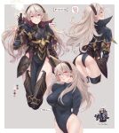  1girl armor ass bangs blush breasts cape corrin_(fire_emblem) corrin_(fire_emblem)_(female) fire_emblem fire_emblem_fates gloves hair_between_eyes hairband highres large_breasts leotard long_hair long_sleeves looking_at_viewer magic multiple_views pointy_ears red_eyes smile soba_rkgk solo thighhighs white_hair 
