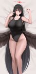  1girl bare_arms bare_shoulders black_hair black_swimsuit blue_archive blush breasts collarbone covered_navel feet_out_of_frame hair_between_eyes halo hasumi_(blue_archive) highres huge_breasts long_hair looking_at_viewer low_wings lying mole mole_under_eye on_back on_bed one-piece_swimsuit red_eyes red_halo scoop_neck senju_(snz0) sideboob solo straight_hair swimsuit thick_thighs thighs very_long_hair wings 