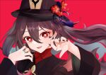  1girl absurdres black_nails brown_hair coat flower flower_shaped_pupils genshin_impact hat hat_flower highres hu_tao_(genshin_impact) jewelry looking_at_viewer open_mouth red_background red_shirt ring shirt symbol-shaped_pupils twintails 