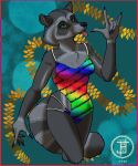  anthro breasts clothing female fleety_(artist) genitals gesture hi_res mammal procyonid punk pussy raccoon rainbow swimwear tiedye tongue 