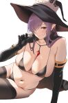  1girl bare_shoulders bikini black_bikini black_gloves black_headwear black_legwear blush breasts cape cleavage closed_mouth collarbone commission ear_piercing earrings elbow_gloves fatima_(luminous_arc) gem gloves hair_over_one_eye hat highres huge_breasts ichinose_(ichinose1592) jewelry long_hair looking_at_viewer luminous_arc luminous_arc_2 micro_bikini navel piercing pointy_ears purple_eyes purple_hair red_eyes sitting skeb_commission skindentation smile solo strap_gap string_bikini swimsuit swimsuit_under_clothes thighhighs very_long_hair witch witch_hat 