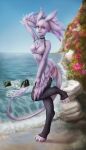  3_toes 4_ears anthro avali beach breasts cliff clothing diondeath dragon feathered_dragon feathered_tail feathers featureless_breasts feet female flower hi_res legwear lingerie looking_at_viewer multi_ear naaka non-mammal_breasts nude open_mouth orange_eyes plant seaside smile solo standing stockings teeth toes wings 