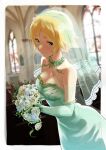  1girl blonde_hair blurry blurry_background bouquet breasts bridal_gauntlets bridal_veil bride church_interior cleavage dress dutch_angle gloves green_dress green_gloves highres holding holding_bouquet idolmaster idolmaster_cinderella_girls indoors light_smile looking_down medium_breasts solo stained_glass strapless strapless_dress sunlight thorns umeki_otoha veil youhei_(testament) 