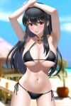  1girl :p armpits arms_up bangs beach bikini black_bikini black_hair blurry blurry_background blush breasts choker cleavage commentary_request contrapposto cowboy_shot day depth_of_field english_commentary eyebrows_behind_hair hair_between_eyes hair_ornament halterneck highres houriigurei large_breasts long_hair looking_at_viewer mixed-language_commentary navel o-ring outdoors red_eyes side-tie_bikini solo spy_x_family stomach swimsuit tongue tongue_out yor_briar 