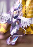  3_toes 4_ears anthro armor avali avalon_(avali) breasts delois dragon feathered_dragon feathers feet female hi_res looking_at_viewer machine multi_ear naaka non-mammal_breasts power_armor smile solo standing tail_feathers toes wings yellow_eyes 