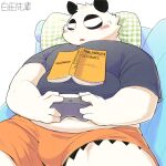  2022 allstatus3 anthro belly big_belly black_nose blush book bottomwear bulge clothing controller furniture game_controller giant_panda hi_res humanoid_hands kemono lying male mammal navel overweight overweight_male pillow shirt shorts sofa solo topwear ursid white_body 