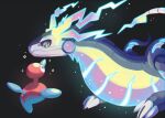  black_background blurry claws closed_mouth eye_contact glowing highres looking_at_another miraidon no_humans pokemon pokemon_(creature) porygon2 sparkle symbol-only_commentary torinoko_(miiko_draw) 
