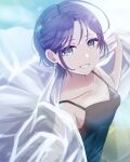  1girl :d absurdres asakura_toru bangs black_camisole blue_eyes blue_hair breasts camisole cleavage collarbone cowlick earrings highres idolmaster idolmaster_shiny_colors jewelry light_particles looking_at_viewer robe sakura_ran see-through short_hair small_breasts smile upper_body 