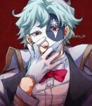  1boy bow bowtie dottore_(genshin_impact) evil_smile genshin_impact gloves hutaba_29 light_blue_hair long_sleeves looking_at_viewer male_focus masked open_mouth red_bow red_bowtie red_eyes short_hair simple_background smile white_gloves 