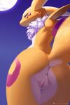  ancesra anthro anus bandai_namco blush chest_tuft digimon digimon_(species) female genitals hi_res looking_at_viewer looking_down moon night pussy raised_tail renamon sky solo standing tuft watermark 