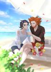  2boys alternate_costume augustine_sycamore beach beard black_footwear black_shorts blurry cloud collared_shirt comfey commentary_request crossed_legs day facial_hair falling_petals feeding highres im_i_masa knees lens_flare lysandre_(pokemon) male_focus multiple_boys orange_hair outdoors petals pokemon pokemon_(creature) pokemon_(game) pokemon_xy red_shorts sand sandals shirt shore shorts sitting sky sleeveless sleeveless_shirt smile water 