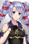  1girl bangs bare_shoulders black_dress collarbone commentary detached_sleeves dress fire_emblem fire_emblem:_genealogy_of_the_holy_war grey_background grin highres long_hair looking_at_viewer maji_(majibomber) purple_eyes purple_hair sleeveless sleeveless_dress smile solo tine_(fire_emblem) twintails upper_body 
