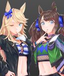  2girls absurdres animal_ears bandeau bangs black_background black_choker black_jacket blonde_hair blue_bow blue_eyes blue_nails bow brown_hair choker commentary_request crop_top gloves gold_city_(umamusume) green_shirt hair_bow hand_on_hip hand_up highres horse_ears jacket long_hair long_sleeves looking_at_viewer midriff multiple_girls nail_polish navel one_eye_closed open_clothes open_jacket parted_lips purple_choker shirt silenxe simple_background stomach strapless striped_bandeau swept_bangs tosen_jordan_(umamusume) tube_top twintails umamusume upper_body white_gloves 