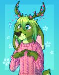  anthro antlers blush cervid cherry_blossom clothing ear_piercing fur green_body green_fur green_hair hair hi_res horn long_ears male mammal nervous piercing plant shy sodasquids solo sweater topwear 