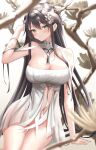 1girl aqua_eyes azur_lane bangs bare_shoulders black_hair blush breasts cleavage closed_mouth collarbone dress eyebrows_visible_through_hair feet_out_of_frame highres indomitable_(azur_lane) large_breasts long_hair looking_at_viewer naga_(pixiv70891418) navel simple_background solo standing tree white_dress 
