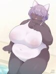  2022 3:4 5_fingers anthro areola belly big_breasts blush breasts canid canine canis claws clothing covered_eyes cute_fangs domestic_dog female finger_claws fingers fur grey_body grey_fur hair hair_over_eyes heo_(artist) hi_res huge_breasts inverted_nipples kemono mammal navel nipples one-piece_swimsuit open_mouth overweight overweight_anthro overweight_female pink_hair portrait short_hair signature solo swimwear thick_thighs three-quarter_portrait tongue translucent translucent_clothing wide_hips 