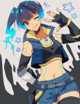  1girl blue_hair brown_hair chest_jewel fiery_hair fingerless_gloves flat_chest gloves glowing_lines mugimugis navel one_eye_closed sena_(xenoblade) shorts shoulder_strap side_ponytail smile solo sports_bra xenoblade_chronicles_(series) xenoblade_chronicles_3 