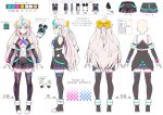  1girl ahoge aqua_hair arms_at_sides artist_name asymmetrical_legwear bangs blue_eyes braid breasts character_sheet closed_mouth color_guide full_body grey_hair highres himura_honoka kubota_masaki large_breasts long_hair looking_at_viewer multicolored_hair multiple_views neckerchief pink_hair pleated_skirt sailor_collar simple_background skirt smile standing streaked_hair thighhighs three_sizes turnaround virtual_youtuber vpro white_background 