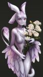  4_ears anthro avali bouquet breasts diondeath dragon feathered_dragon feathered_tail feathers featureless_breasts female flower flower_bouquet hi_res looking_at_viewer multi_ear naaka non-mammal_breasts nude orange_eyes plant smile solo standing white_rose wings 