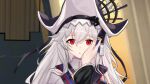 1girl 1other arknights bangs black_headwear clothing_cutout doctor_(arknights) eyebrows_visible_through_hair grey_hair hair_between_eyes hand_on_another&#039;s_cheek hand_on_another&#039;s_face highres long_hair long_sleeves long_wuxian looking_at_viewer parted_lips pov red_eyes shoulder_cutout solo_focus specter_(arknights) upper_body 