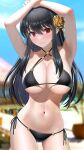  1girl armpits arms_up bangs beach bikini black_bikini black_hair blurry blurry_background blush breasts choker cleavage closed_mouth contrapposto cowboy_shot day depth_of_field eyebrows_behind_hair glaring hair_between_eyes hair_ornament halterneck highres houriigurei large_breasts long_hair looking_at_viewer navel o-ring outdoors red_eyes side-tie_bikini solo spy_x_family stomach swimsuit v-shaped_eyebrows yor_briar 