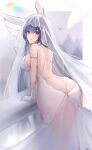  1girl absurdres animal_ears ass azur_lane backless_dress backless_outfit bare_back blue_hair blush breasts bridal_veil bride butt_crack commentary_request dress fake_animal_ears fan_(ariku) from_behind gloves highres large_breasts long_hair looking_at_viewer looking_back new_jersey_(azur_lane) new_jersey_(snow-white_ceremony)_(azur_lane) official_alternate_costume rabbit_ears revision solo veil wedding_dress white_dress white_gloves 