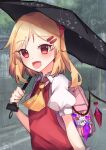  1girl :d ascot bangs bat_wings blonde_hair blush brooch chibi chisiro_unya_(unya_draw) crystal eyebrows_visible_through_hair fang flandre_scarlet hair_ornament hat holding holding_umbrella jewelry looking_at_viewer mob_cap multiple_girls no_hat no_headwear open_mouth outdoors puffy_short_sleeves puffy_sleeves rain red_eyes red_skirt red_vest remilia_scarlet shirt short_sleeves siblings signature sisters skirt skirt_set smile solo touhou umbrella vest white_shirt wings 