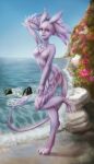  3_toes 4_ears anthro avali beach breasts cliff diondeath dragon feathered_dragon feathered_tail feathers featureless_breasts feet female flower hi_res looking_at_viewer multi_ear naaka non-mammal_breasts nude open_mouth orange_eyes plant seaside smile solo standing teeth toes wings 