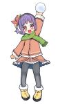  1girl :d arm_up black_legwear blush boots coat full_body fur_trim happy looking_at_viewer open_mouth pantyhose purple_hair red_eyes scarf short_hair simple_background smile snowball solo standing tatuhiro touhou white_background winter_clothes yasaka_kanako younger 