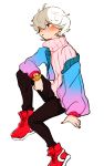 1boy alternate_costume bangs bede_(pokemon) black_pants blue_jacket blush closed_mouth commentary_request curly_hair from_side gutchi_(ggg1234714) highres jacket leg_up long_sleeves male_focus nail_polish off_shoulder pants pink_sweater pokemon pokemon_(game) pokemon_swsh purple_eyes red_footwear shoes short_hair sneakers solo sweater turtleneck turtleneck_sweater watch white_hair wristwatch 