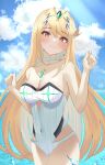  1girl absurdres bangs bare_shoulders blonde_hair blush breasts chest_jewel choker cleavage earrings gem headpiece highres jewelry kyaro_(wanu_14) large_breasts long_hair looking_at_viewer mythra_(radiant_beach)_(xenoblade) mythra_(xenoblade) ocean one-piece_swimsuit sky solo strapless strapless_swimsuit swept_bangs swimsuit tiara very_long_hair white_swimsuit xenoblade_chronicles_(series) xenoblade_chronicles_2 yellow_eyes 